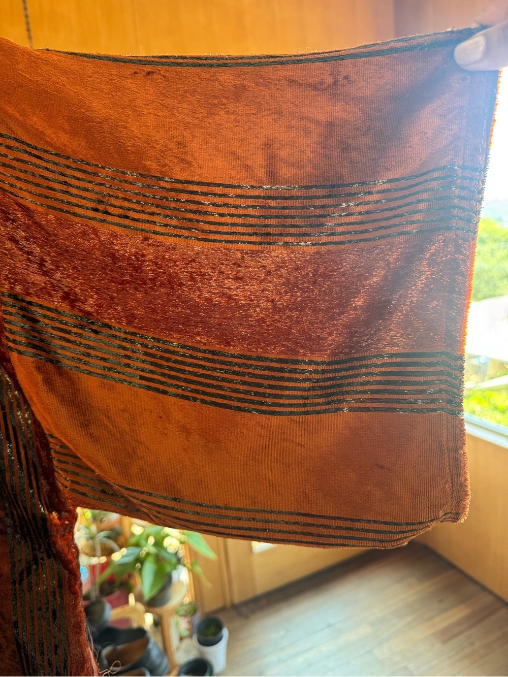 Anthropologie Rust Brown Striped Velvet Duster/Kimono w/ Pockets - Picture 5 of 13